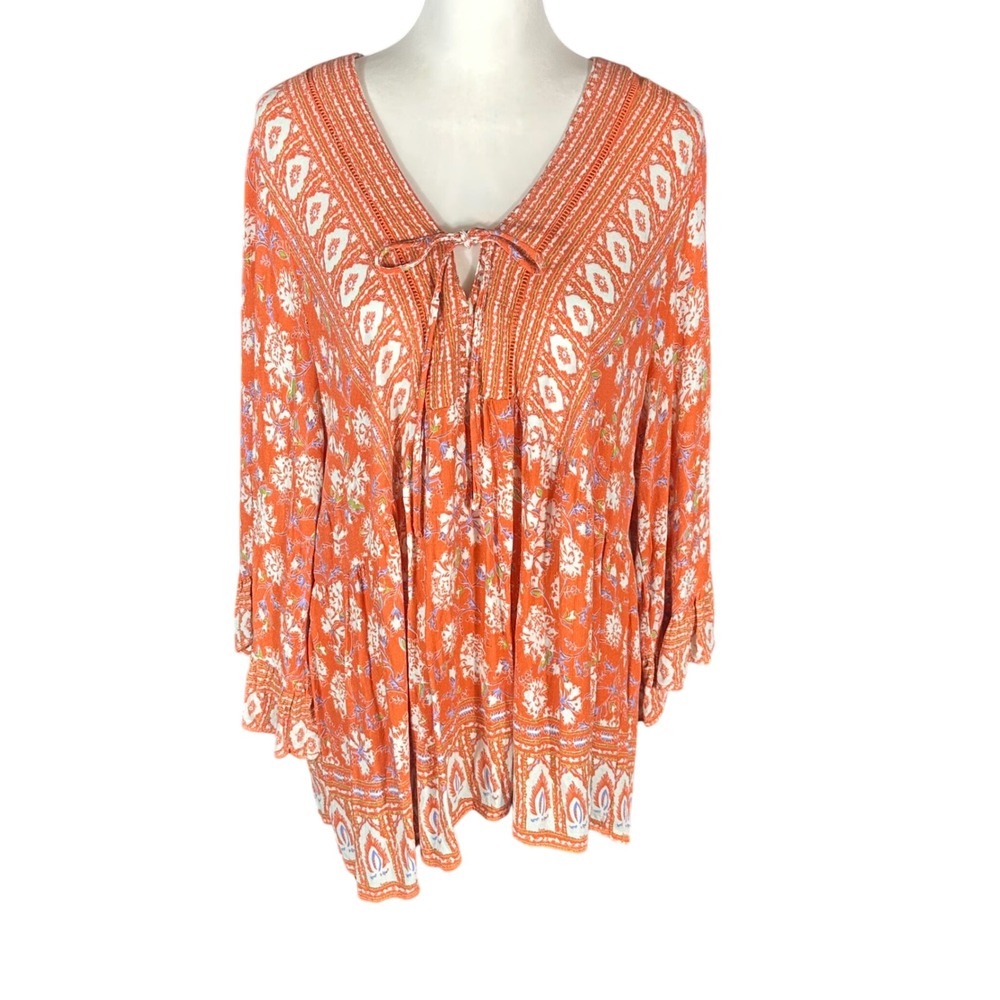 Cynthia Rowley Tunic Women 2X Orange Floral Boho Tiered Ruffle Bell Sleeve Top